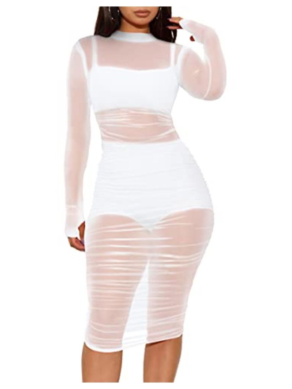 Women's 3 Piece Sexy Mesh See Through Ruched Midi Dress Set Clubwear